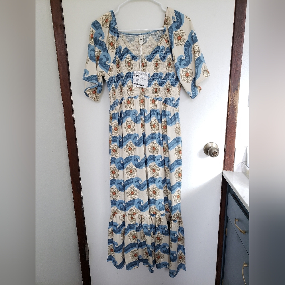 Kate Quinn womens Flutter Sleeve Smock dress | Ocean Sun | 100% Organic cotton S